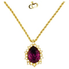 Christian Dior Vintage 1980s Amethyst Crystals Water Tear Drop Pendant Necklace