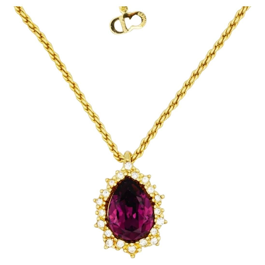 Christian Dior Vintage Años 80 Collar Colgante Gota de Lágrima de Agua con Cristales de Amatista en venta
