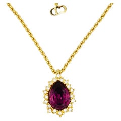 Christian Dior Vintage 1980s Amethyst Crystals Water Tear Drop Pendant Necklace
