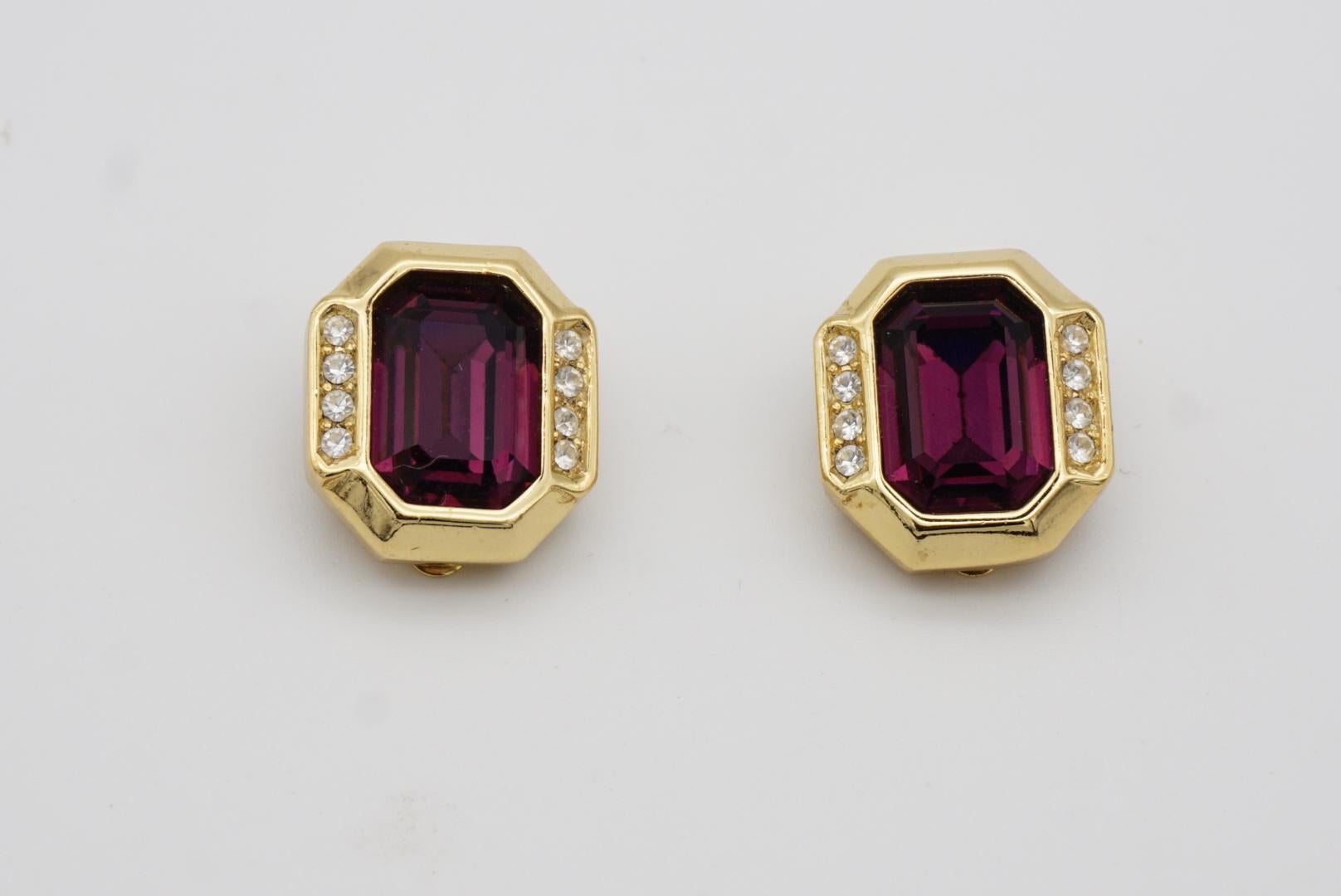 Christian Dior Vintage 1980s Amethyst Purple Crystals Octagonal Clip Earrings For Sale 5