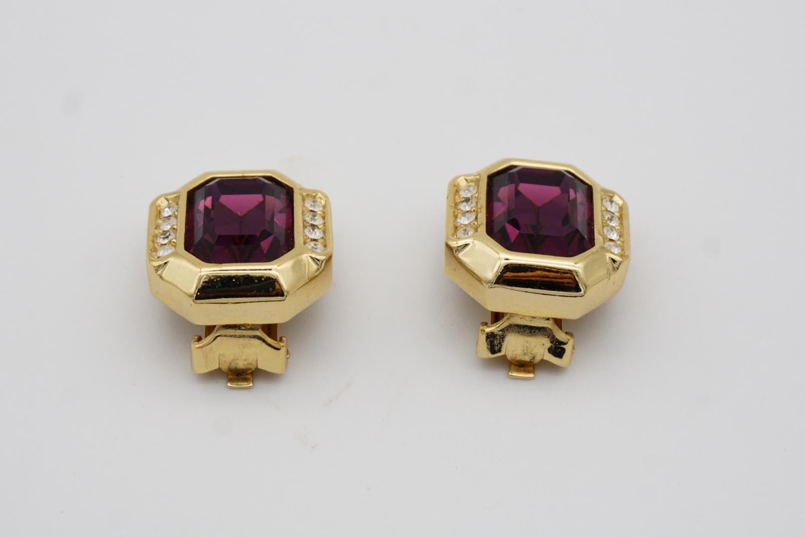Christian Dior Vintage 1980s Amethyst Purple Crystals Octagonal Clip Earrings For Sale 6