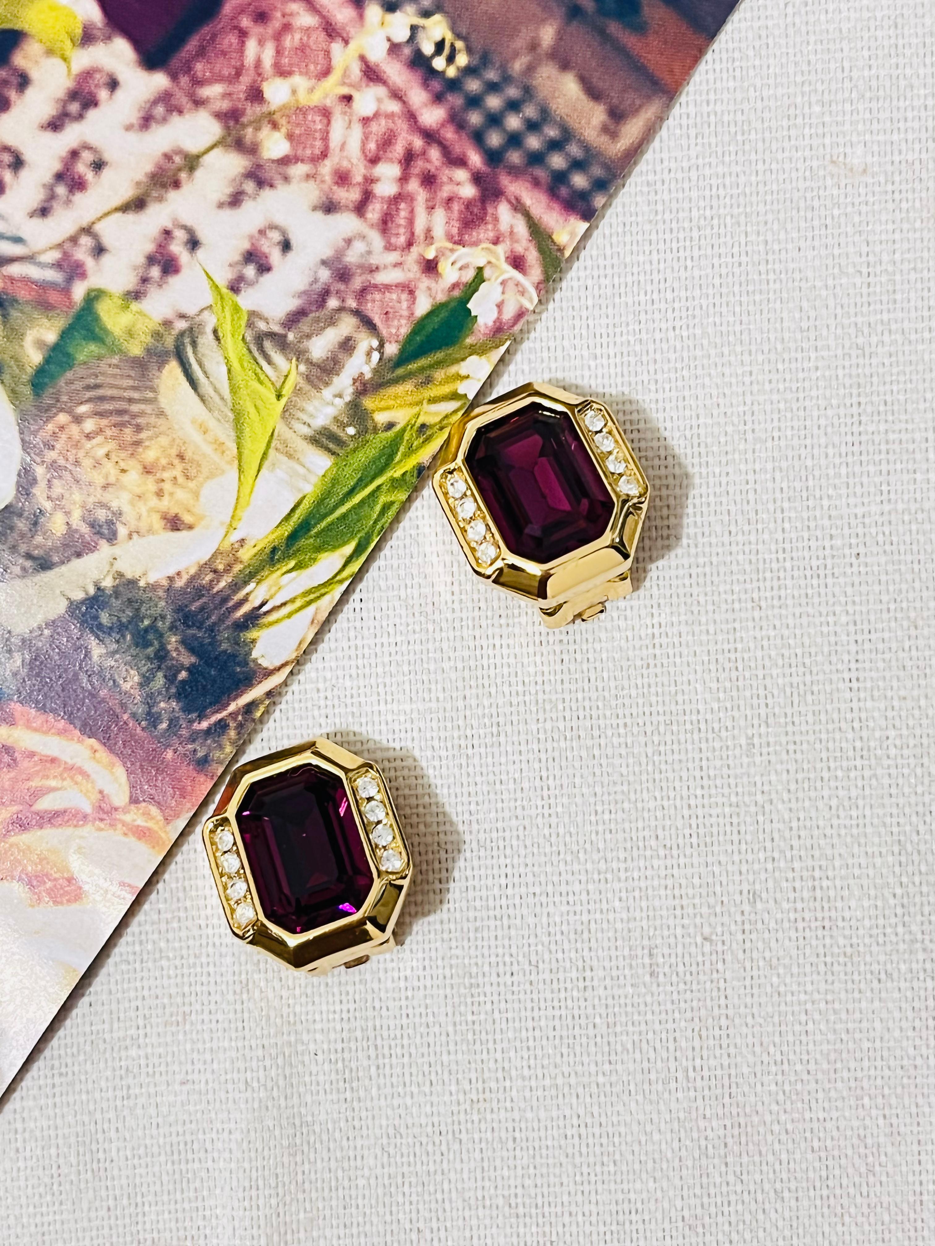 Christian Dior Vintage 1980s Amethyst Purple Crystals Octagonal Clip Earrings For Sale 1