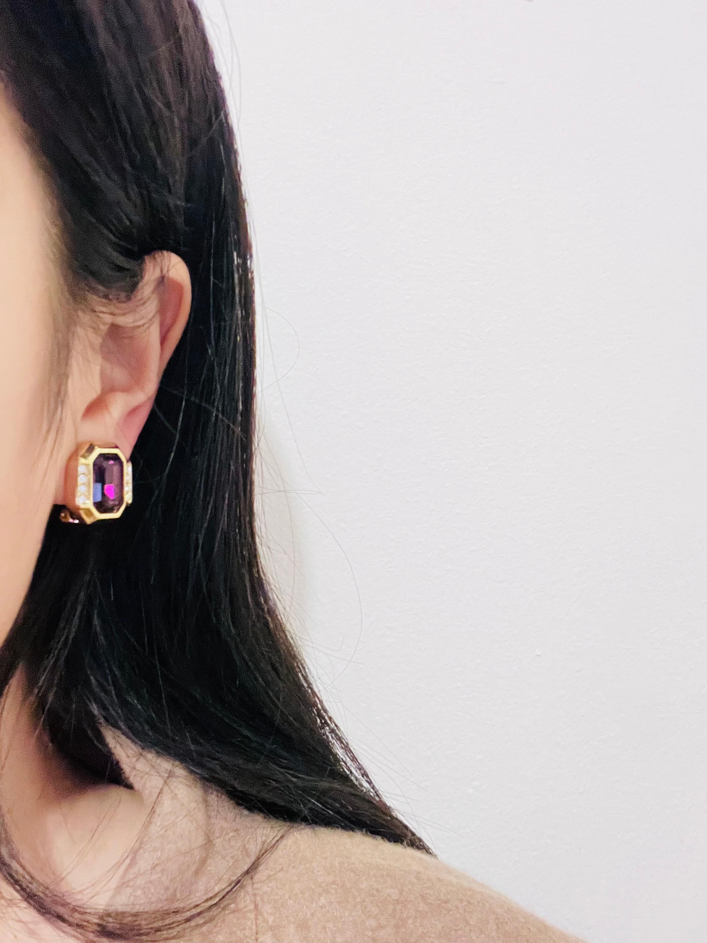 Christian Dior Vintage 1980s Amethyst Purple Crystals Octagonal Clip Earrings For Sale 2