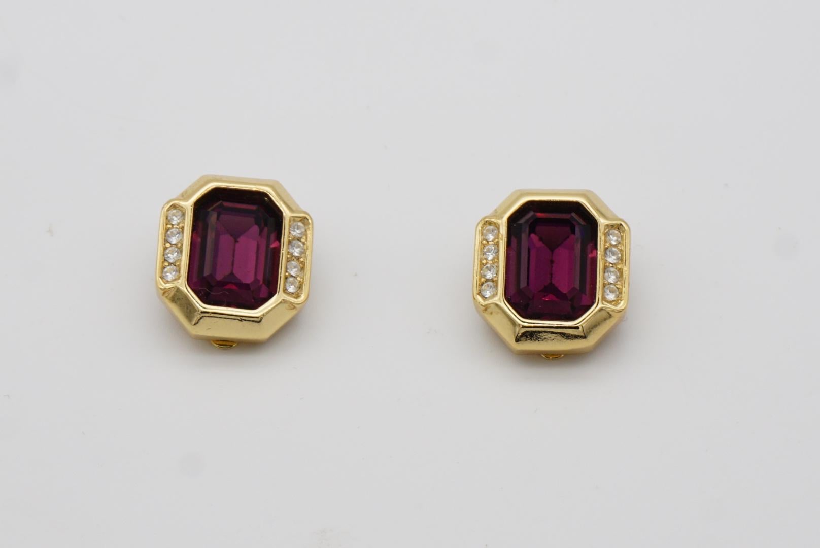 Christian Dior Vintage 1980s Amethyst Purple Crystals Octagonal Clip Earrings For Sale 3