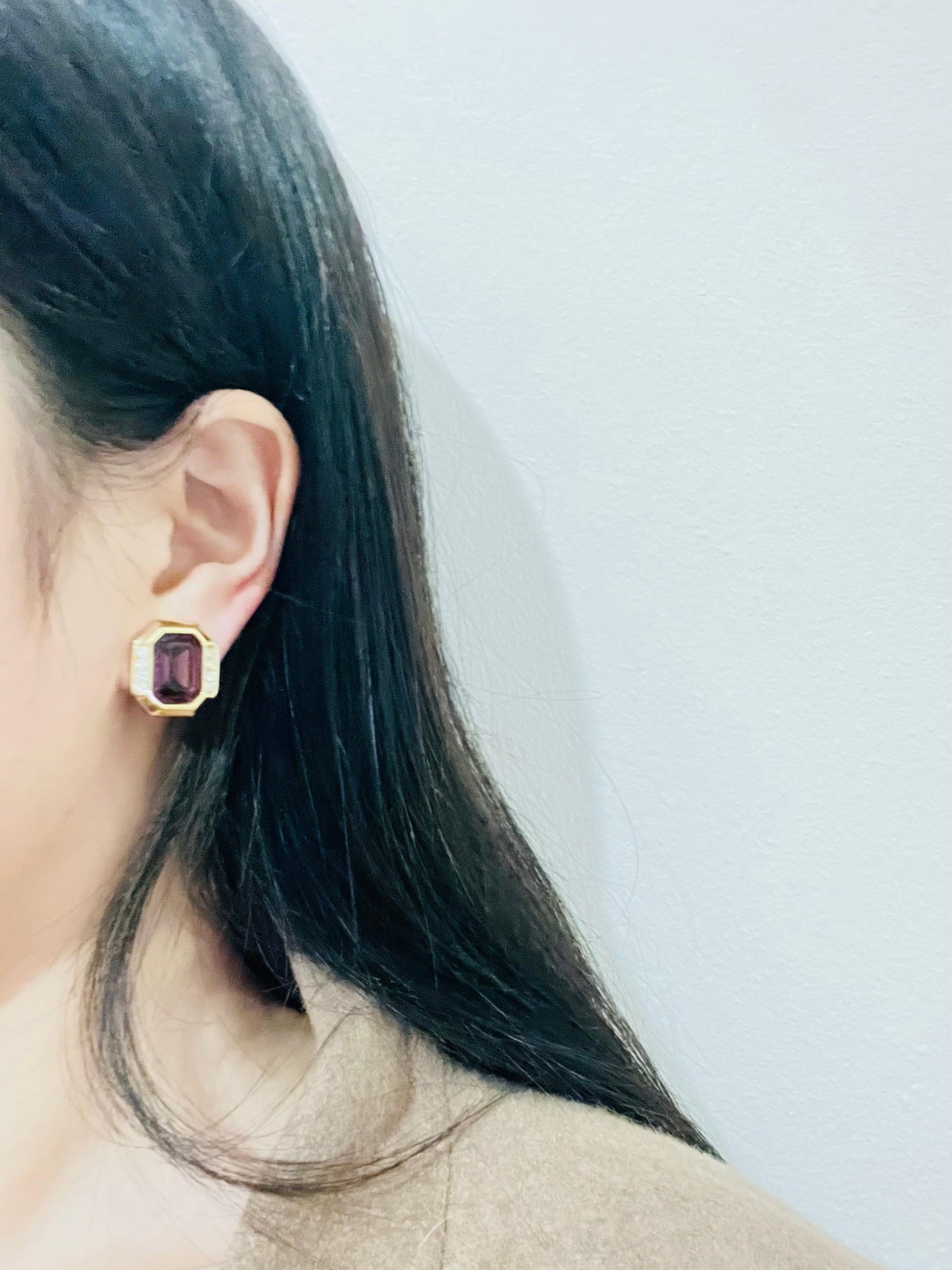 Christian Dior Vintage 1980s Amethyst Purple Crystals Octagonal Clip Earrings For Sale 3