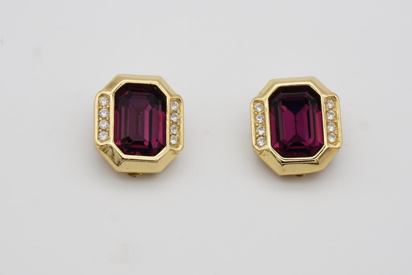 Christian Dior Vintage 1980s Amethyst Purple Crystals Octagonal Clip Earrings For Sale 4