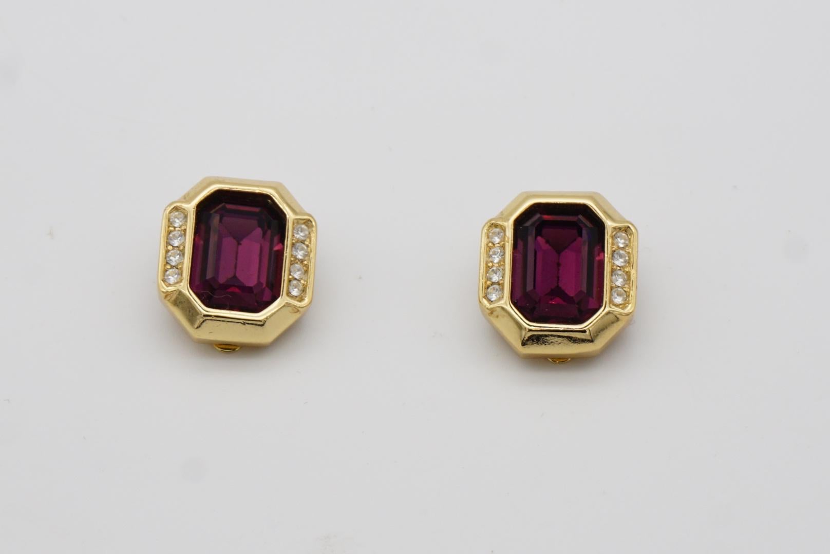 Christian Dior Vintage 1980s Amethyst Purple Crystals Octagonal Clip Earrings For Sale 4
