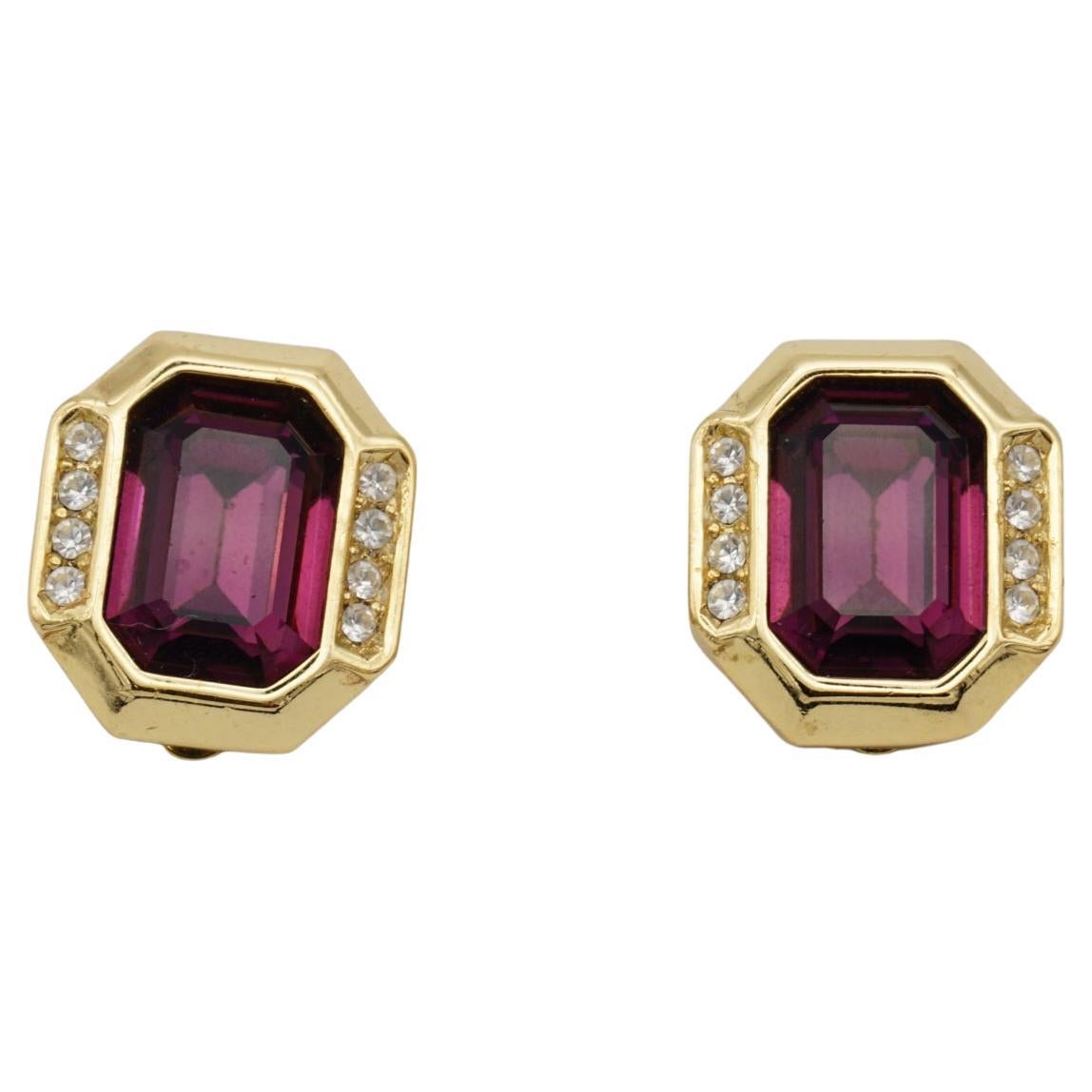 Christian Dior Vintage 1980s Amethyst Purple Crystals Octagonal Clip Earrings