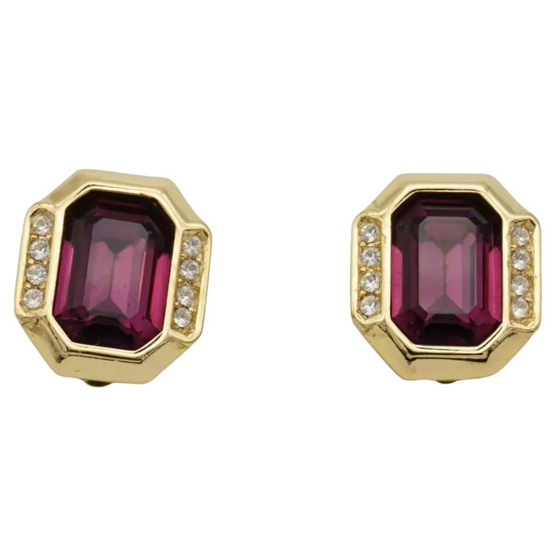 Christian Dior Vintage 1980s Amethyst Purple Crystals Octagonal Clip Earrings