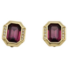 Christian Dior Vintage 1980s Amethyst Purple Crystals Octagonal Clip Earrings
