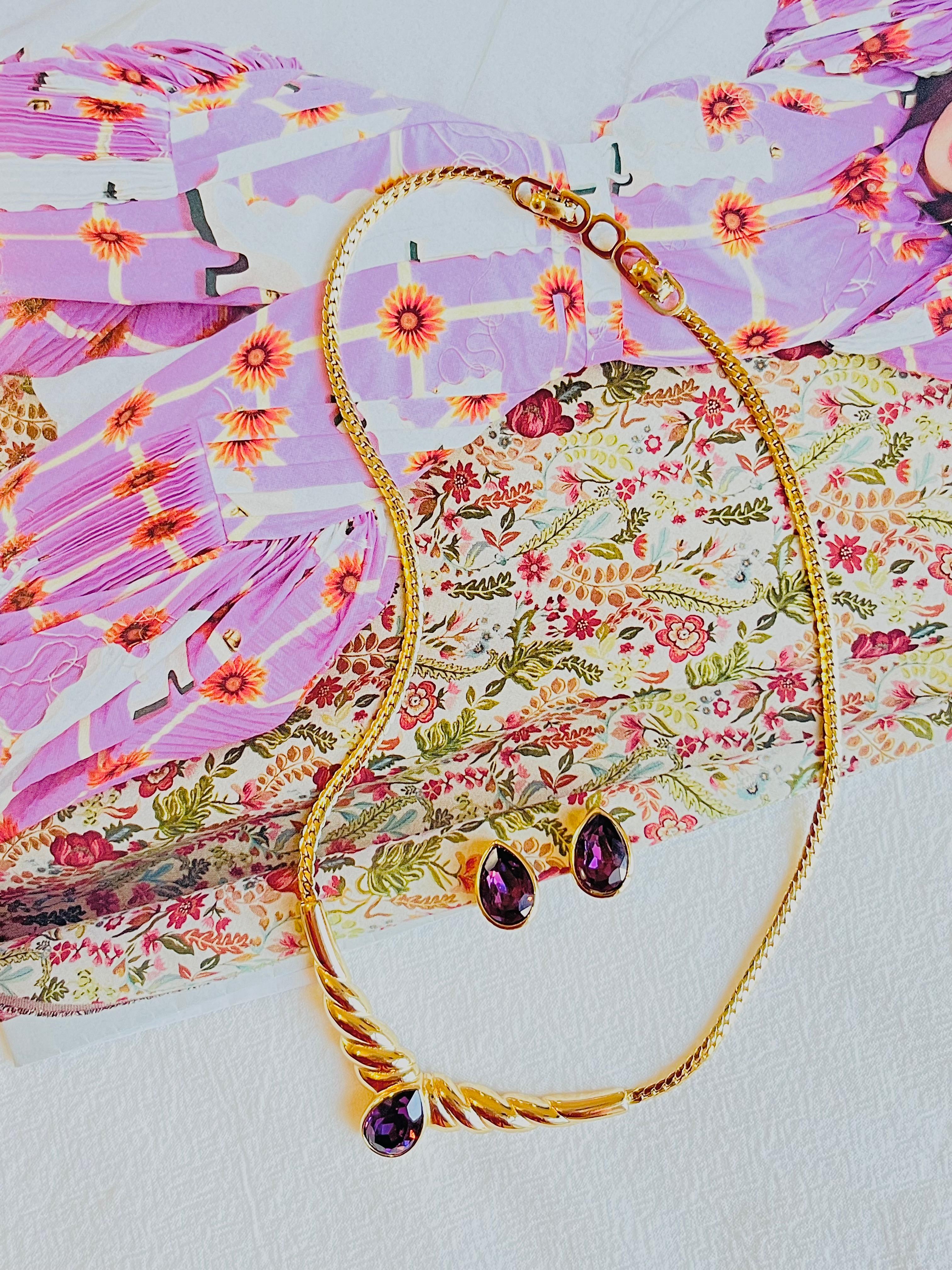 Christian Dior Vintage 1980s Amethyst Purple Gold Water Tear Drop Wings 2 Set In Excellent Condition For Sale In Wokingham, England