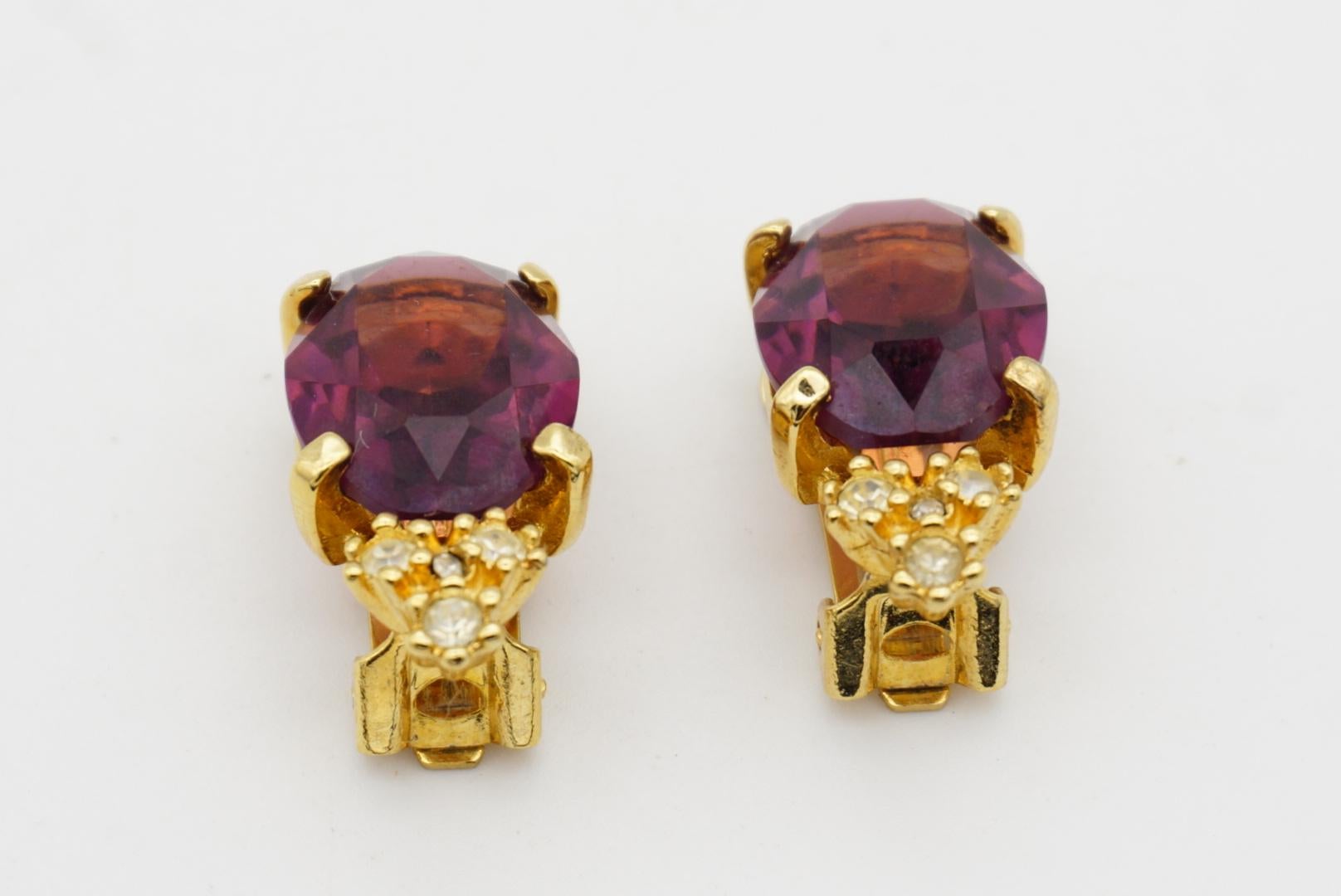 Christian Dior Vintage 1980s Amethyst Purple Oval Crystals Gold Clip Earrings  For Sale 7