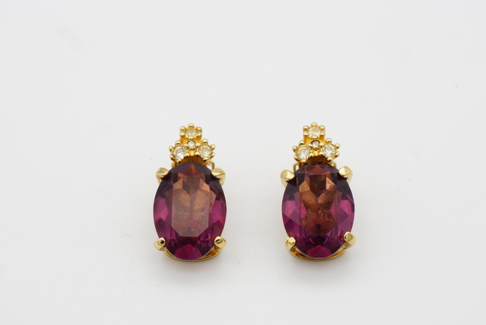 Christian Dior Vintage 1980s Amethyst Purple Oval Crystals Gold Clip Earrings 5