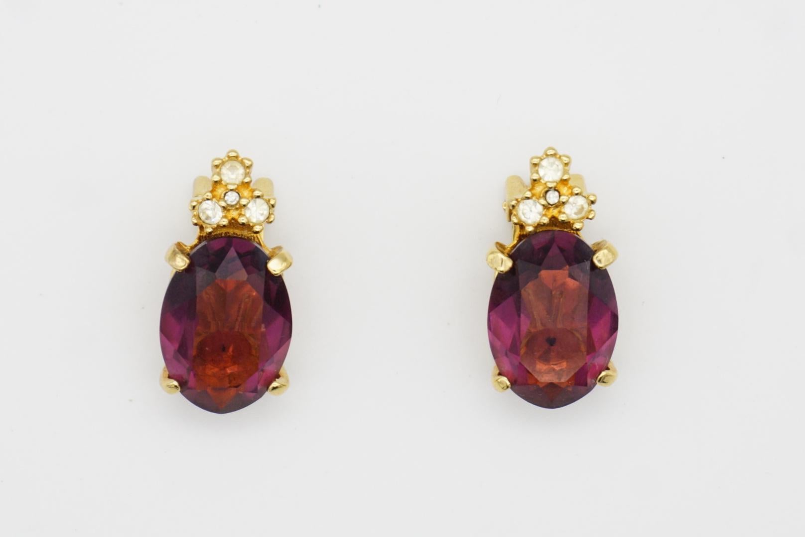 Christian Dior Vintage 1980s Amethyst Purple Oval Crystals Gold Clip Earrings 6