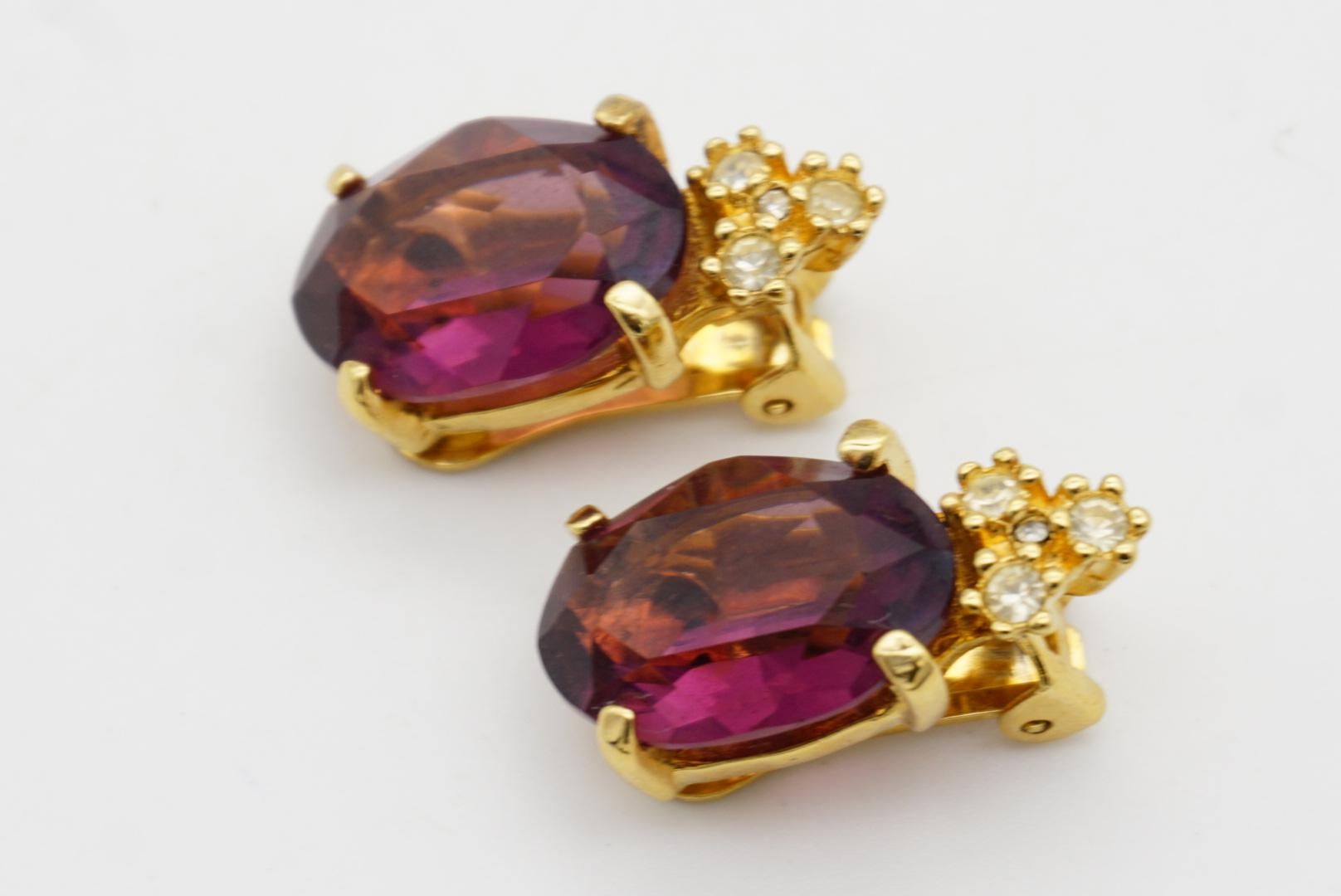 Christian Dior Vintage 1980s Amethyst Purple Oval Crystals Gold Clip Earrings 7