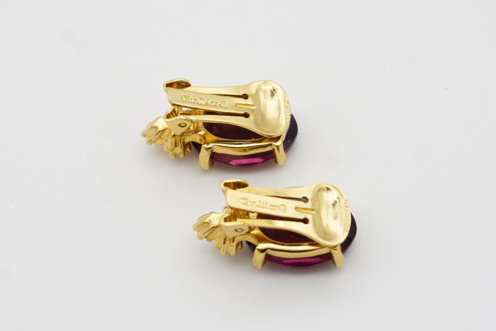 Christian Dior Vintage 1980s Amethyst Purple Oval Crystals Gold Clip Earrings 9
