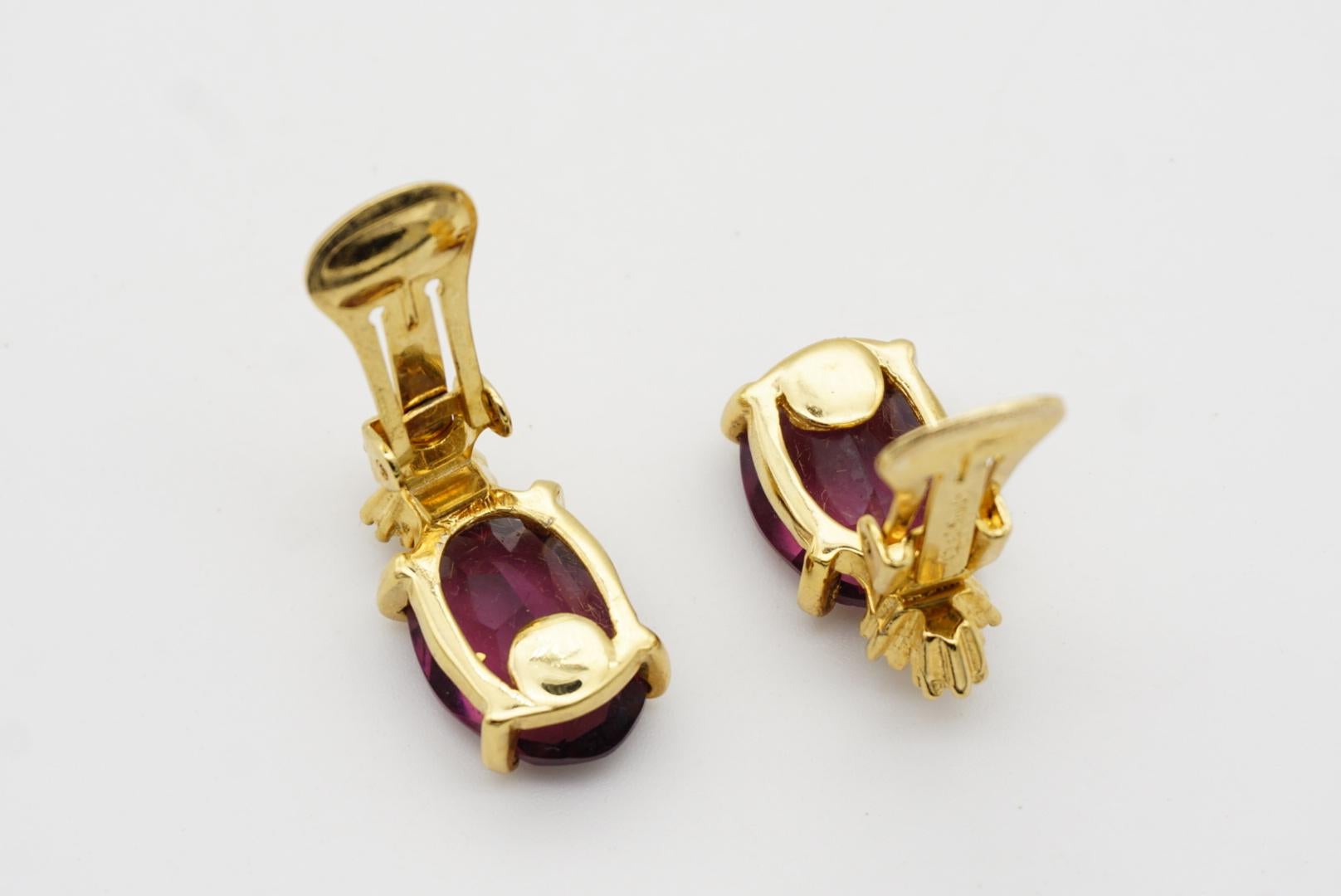 Christian Dior Vintage 1980s Amethyst Purple Oval Crystals Gold Clip Earrings 10