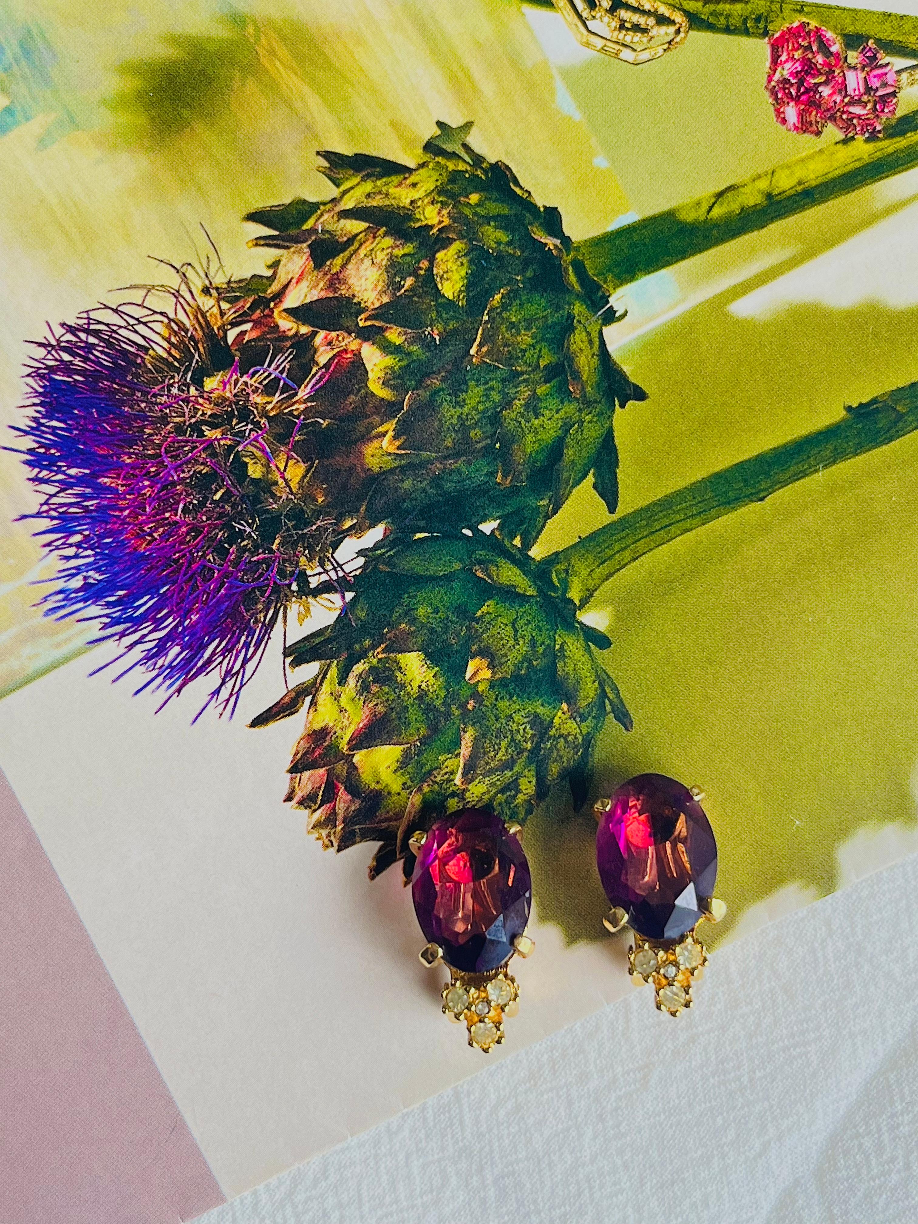 Art Deco Christian Dior Vintage 1980s Amethyst Purple Oval Crystals Gold Clip Earrings