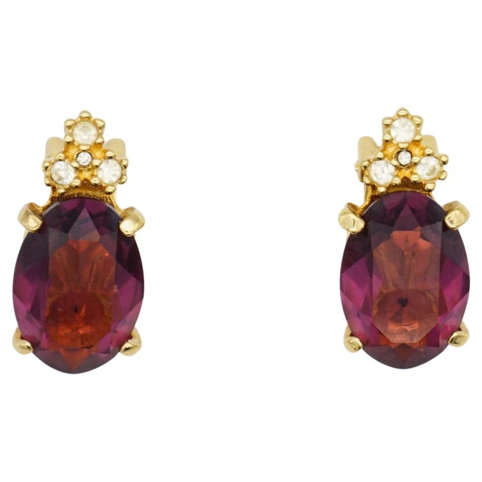 Christian Dior Vintage 1980s Amethyst Purple Oval Crystals Gold Clip Earrings  For Sale