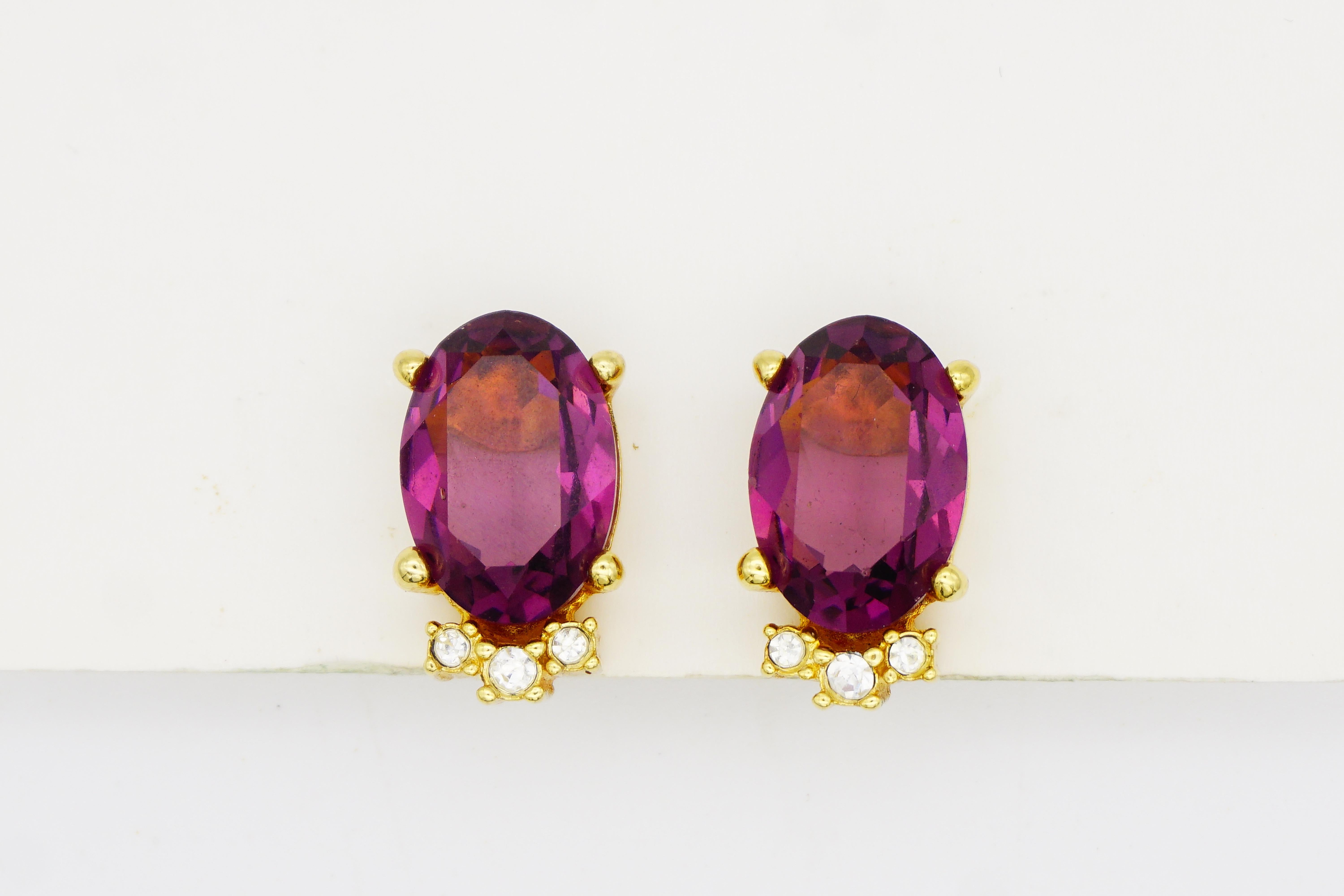 Christian Dior Vintage 1980s Amethyst Lila Oval Trio Kristalle Clip-Ohrringe im Angebot 2