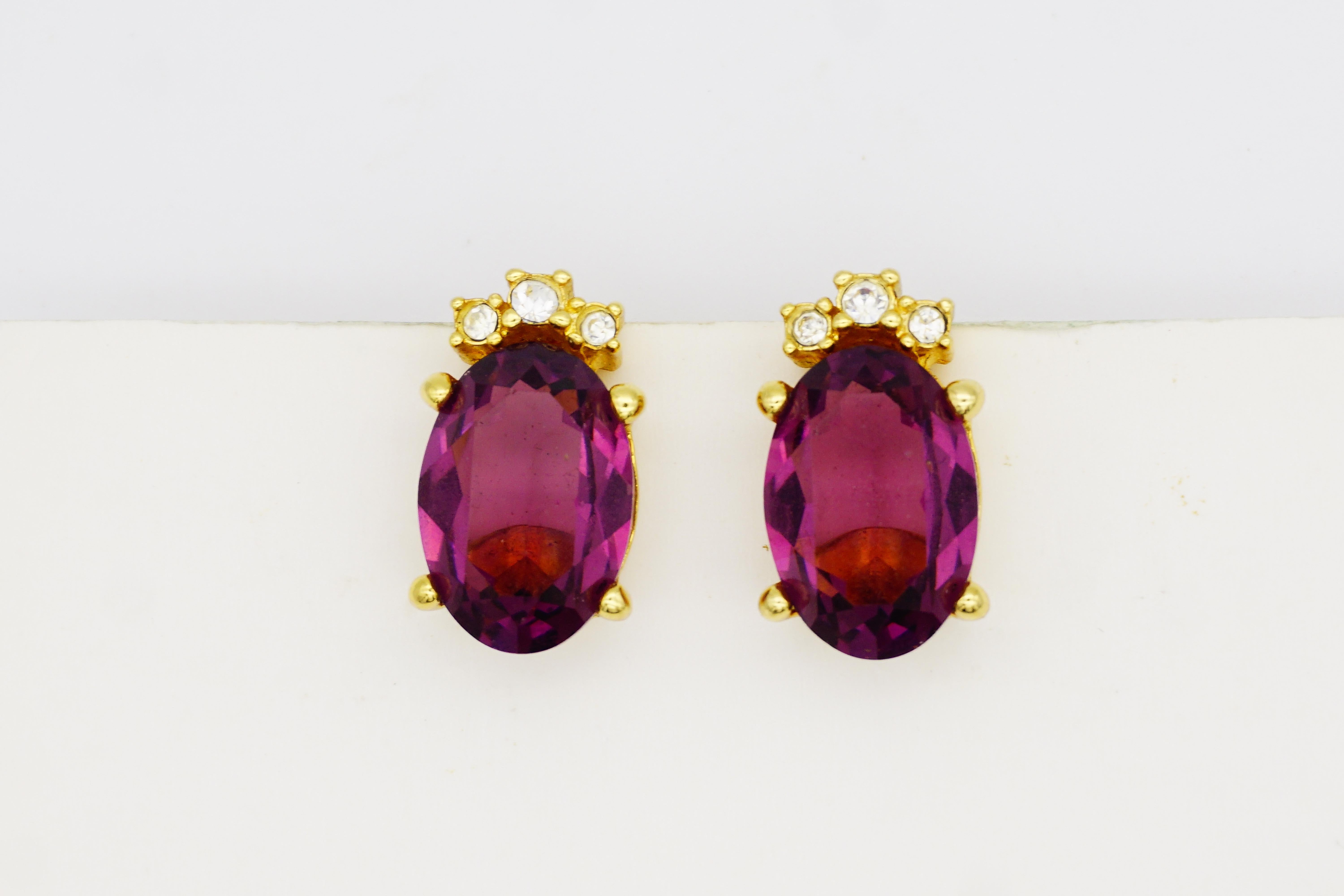 Christian Dior Vintage 1980s Amethyst Lila Oval Trio Kristalle Clip-Ohrringe im Angebot 3