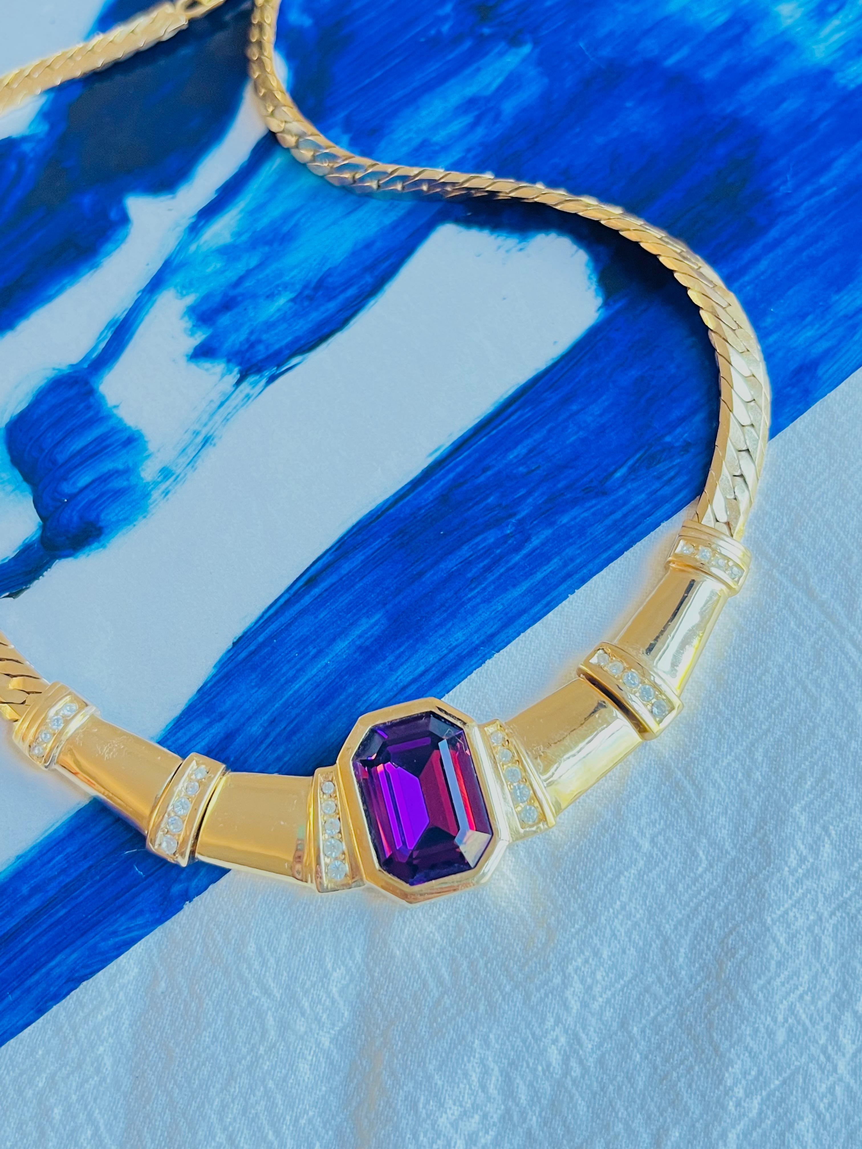 Christian Dior Vintage 1980s Amethyst Purple Rectangle Crystals Chunky Necklace In Excellent Condition For Sale In Wokingham, England