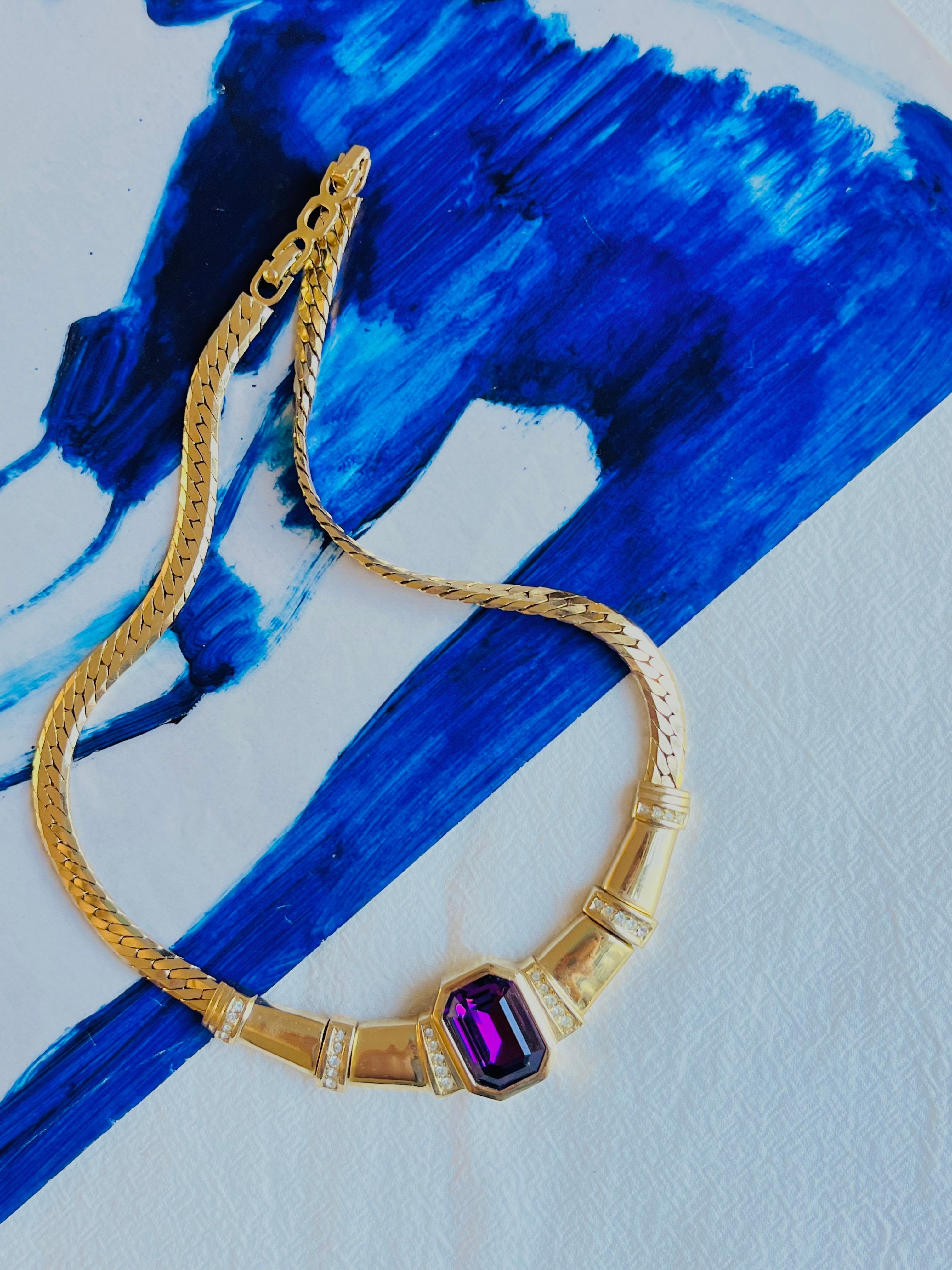 Christian Dior Vintage 1980s Amethyst Purple Rectangle Crystals Chunky Necklace In Excellent Condition For Sale In Wokingham, England