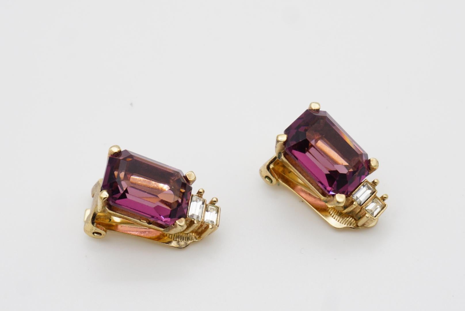 Christian Dior Vintage 1980s Amethyst Purple Rectangle Crystals Clip Earrings For Sale 8