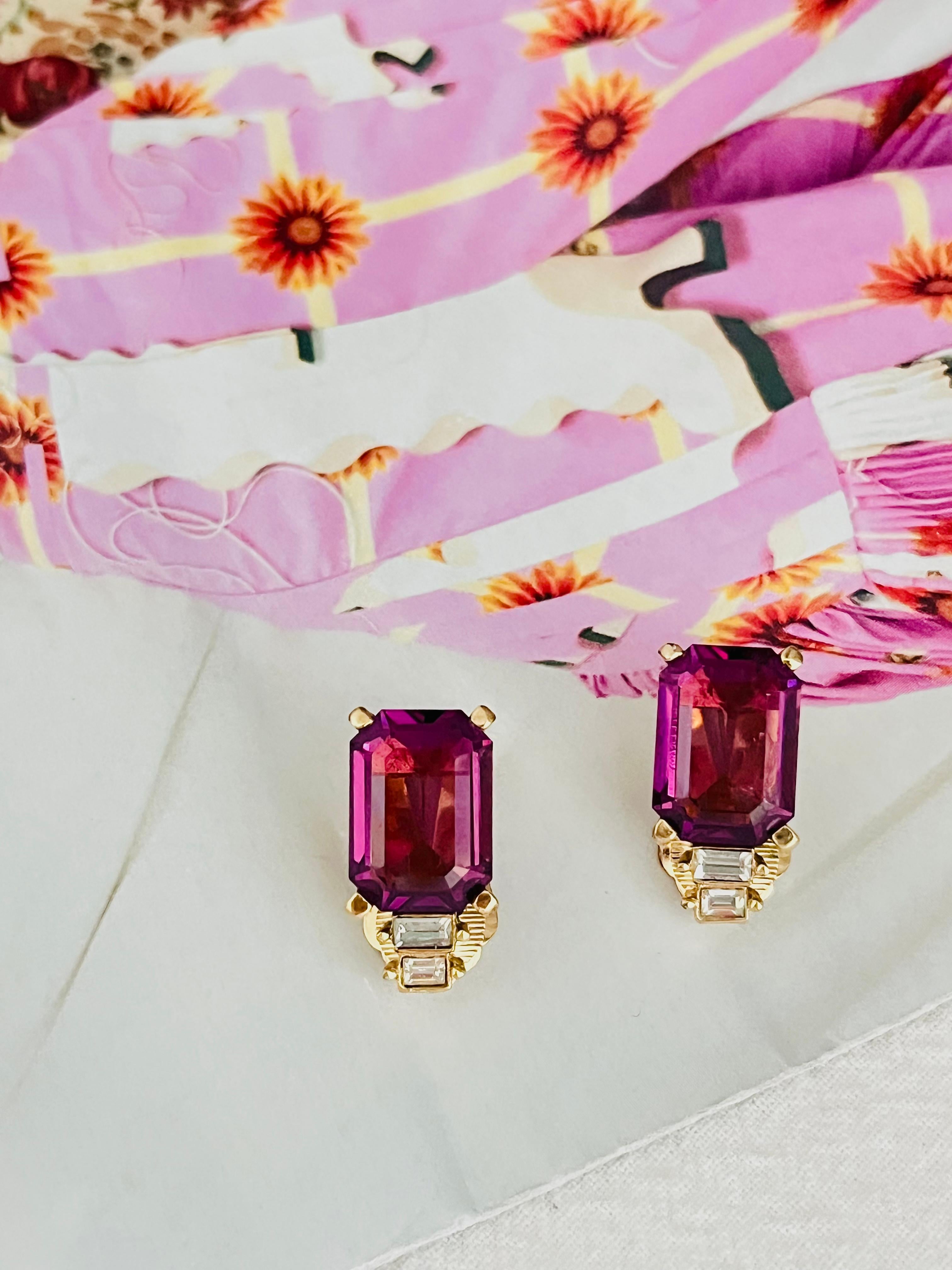 Christian Dior Vintage 1980s Amethyst Purple Rectangle Crystals Clip Earrings In Good Condition For Sale In Wokingham, England