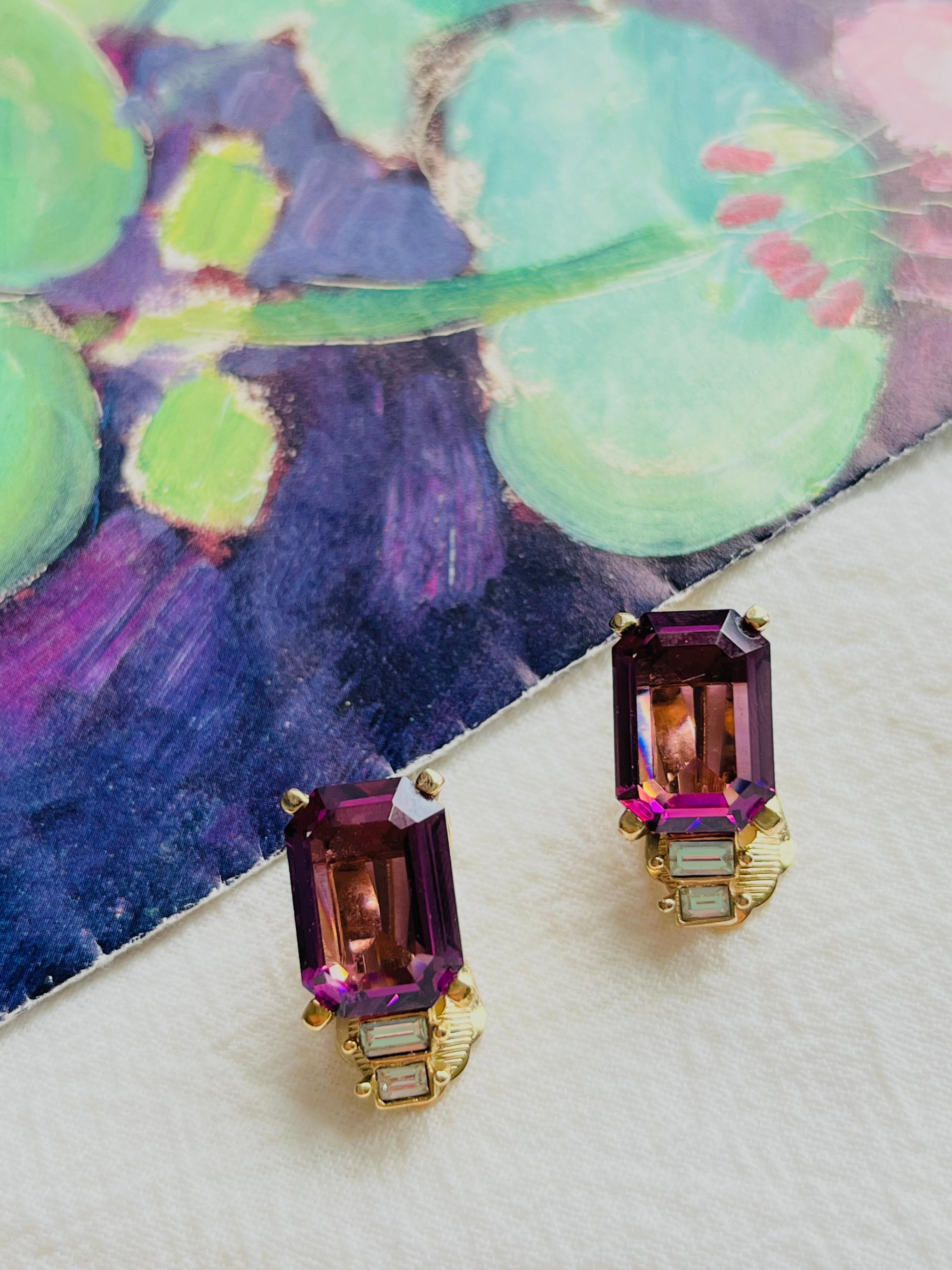 Christian Dior Vintage 1980s Amethyst Purple Rectangle Crystals Clip Earrings For Sale 1