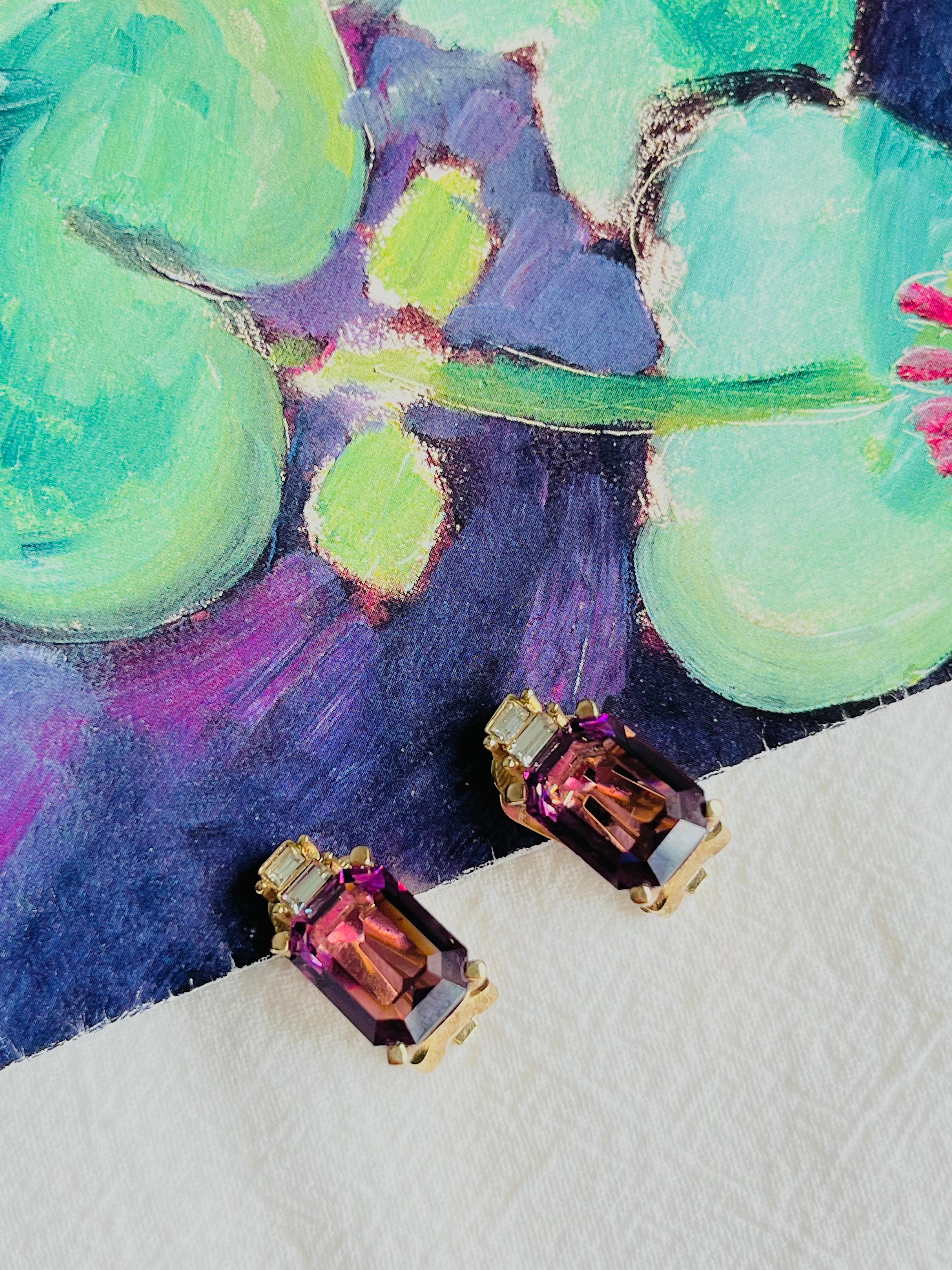 Christian Dior Vintage 1980s Amethyst Purple Rectangle Crystals Clip Earrings For Sale 2