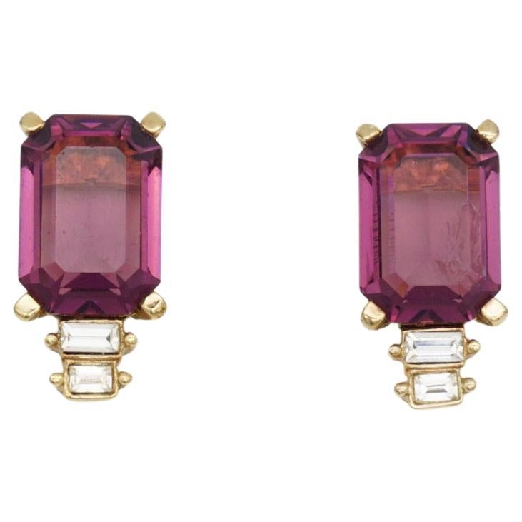Christian Dior Vintage 1980s Amethyst Purple Rectangle Crystals Clip Earrings