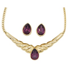 Christian Dior Vintage 1980s Amethyst Purple Water Tear Drop Wings 2 Set Gold