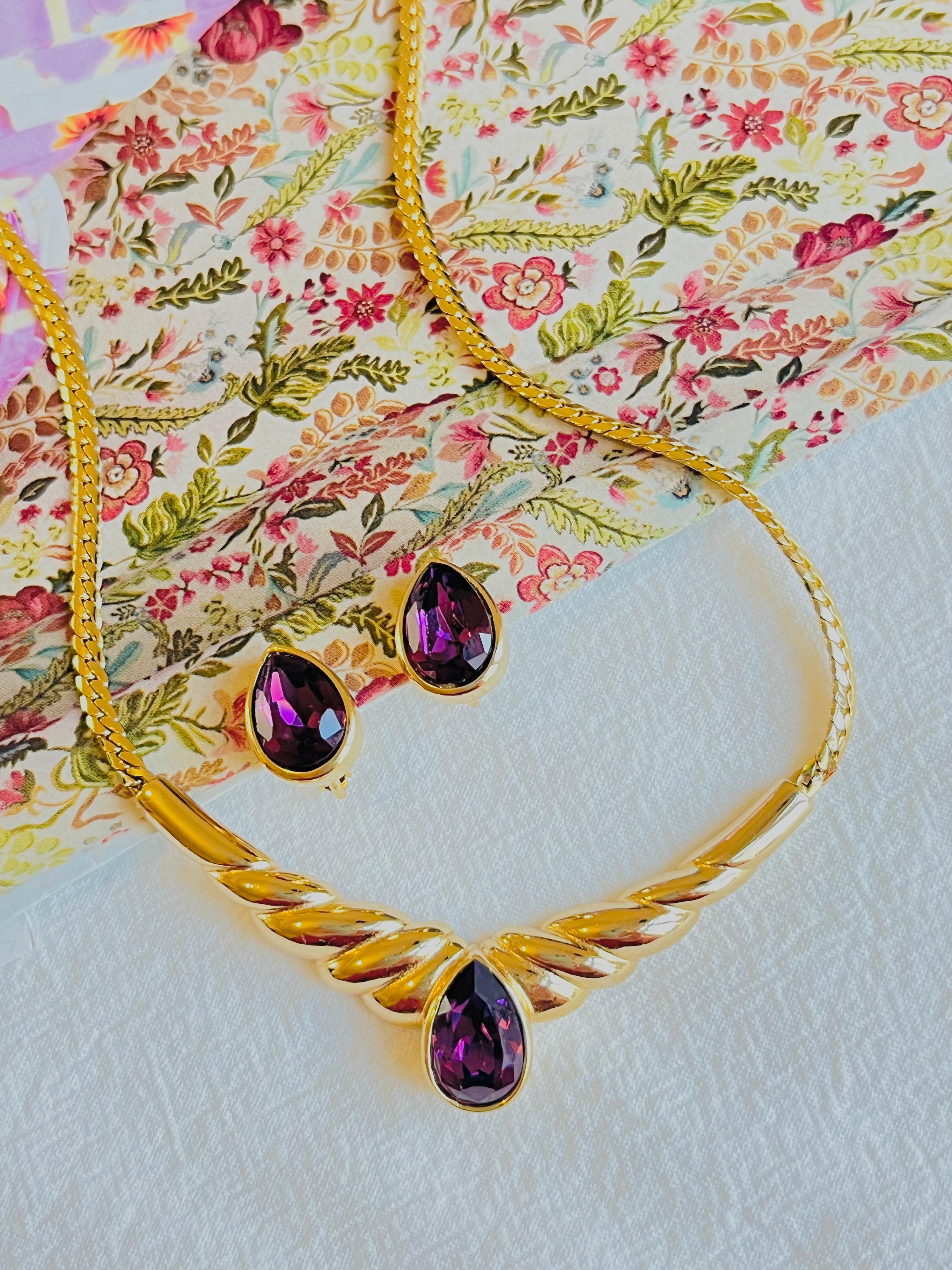 Art Déco Christian Dior Vintage 1980 Ametista Viola Acqua Goccia di Lacrima Triangolo Ali Set in vendita