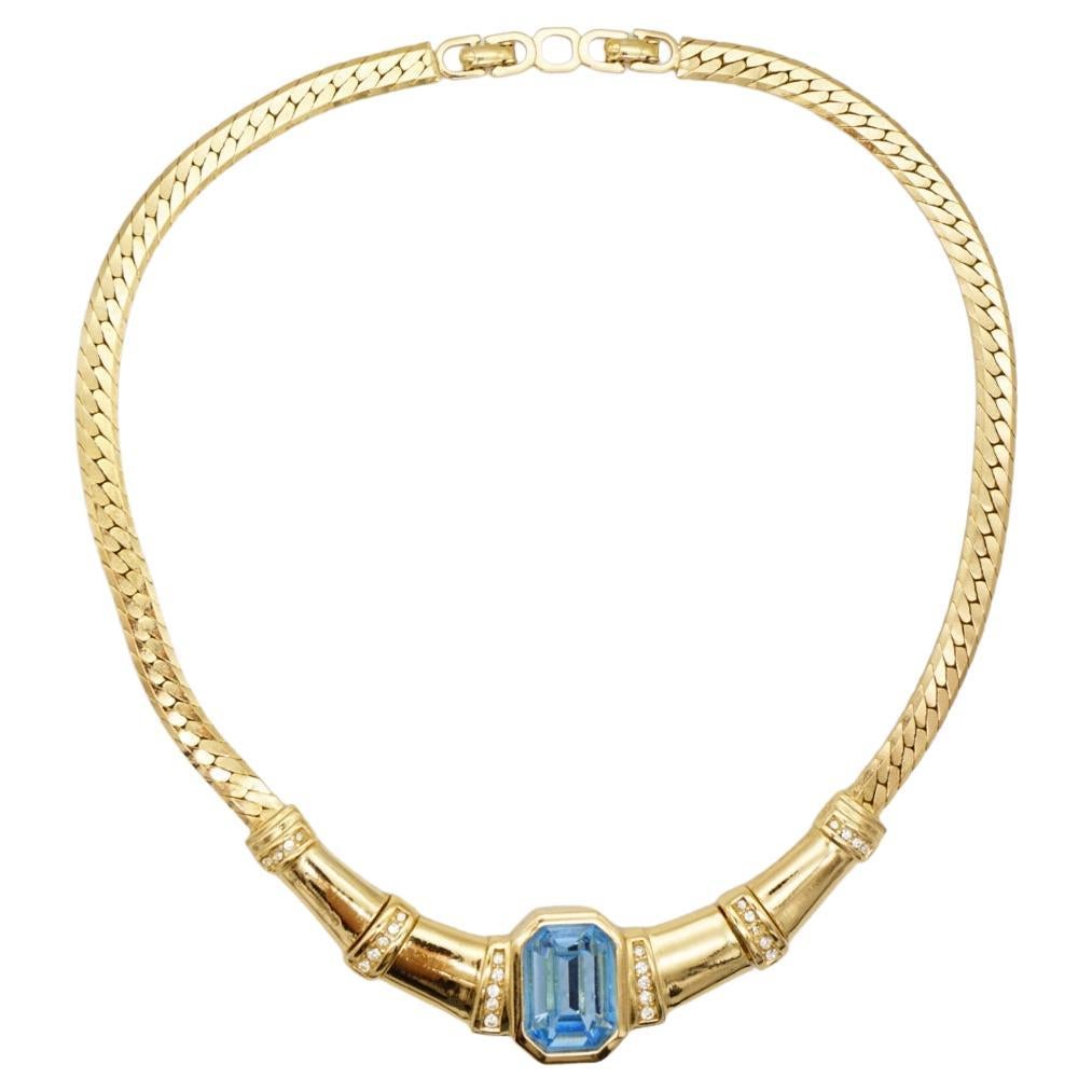 Christian Dior Vintage 1980s Aqua Blue Rectangle Crystals Gold Chunky Necklace  For Sale