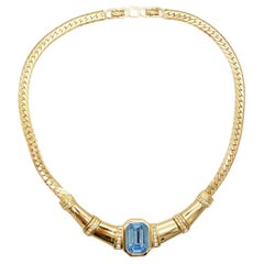 Christian Dior Vintage 1980s Aqua Blue Rectangle Crystals Gold Chunky Necklace 