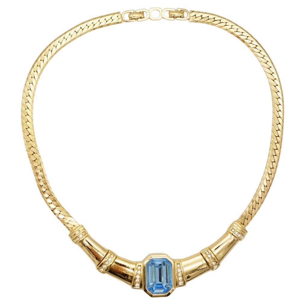Christian Dior Vintage 1980s Aqua Blue Rectangle Crystals Gold Chunky Necklace For Sale