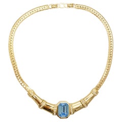 Christian Dior Vintage 1980s Aqua Blue Rectangle Crystals Gold Chunky Necklace