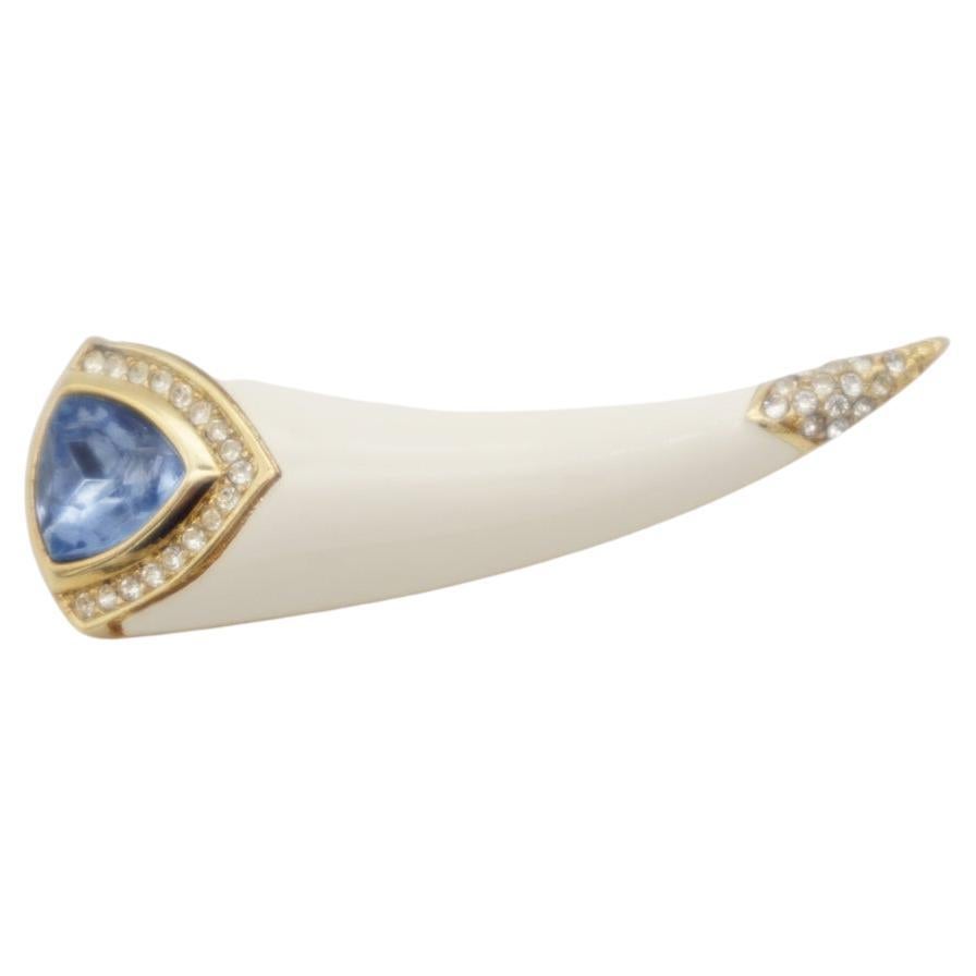 Christian Dior Vintage 1980er Jahre Aqua Blau Dreieckige Kristalle Beige Gold Horn Brosche im Angebot