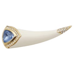 Christian Dior Vintage 1980s Aqua Blue Triangle Crystals Beige Gold Horn Brooch