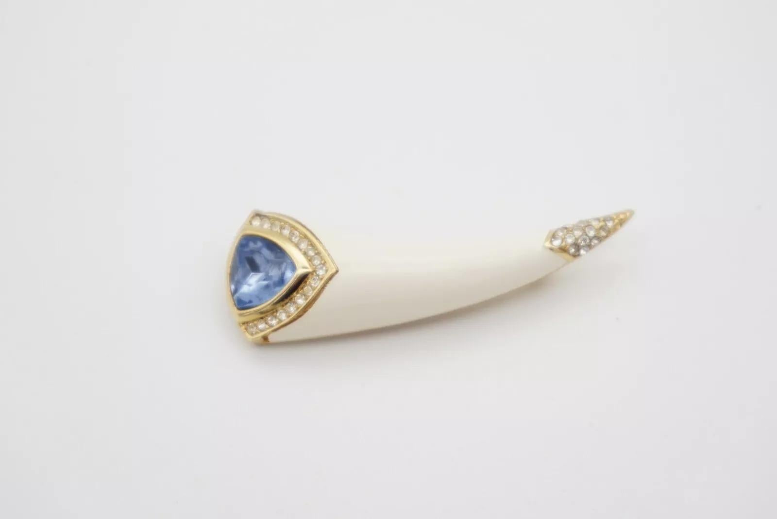 Christian Dior Vintage 1980s Aqua Blue Triangle Crystals Beige Horn Gold Brooch 10