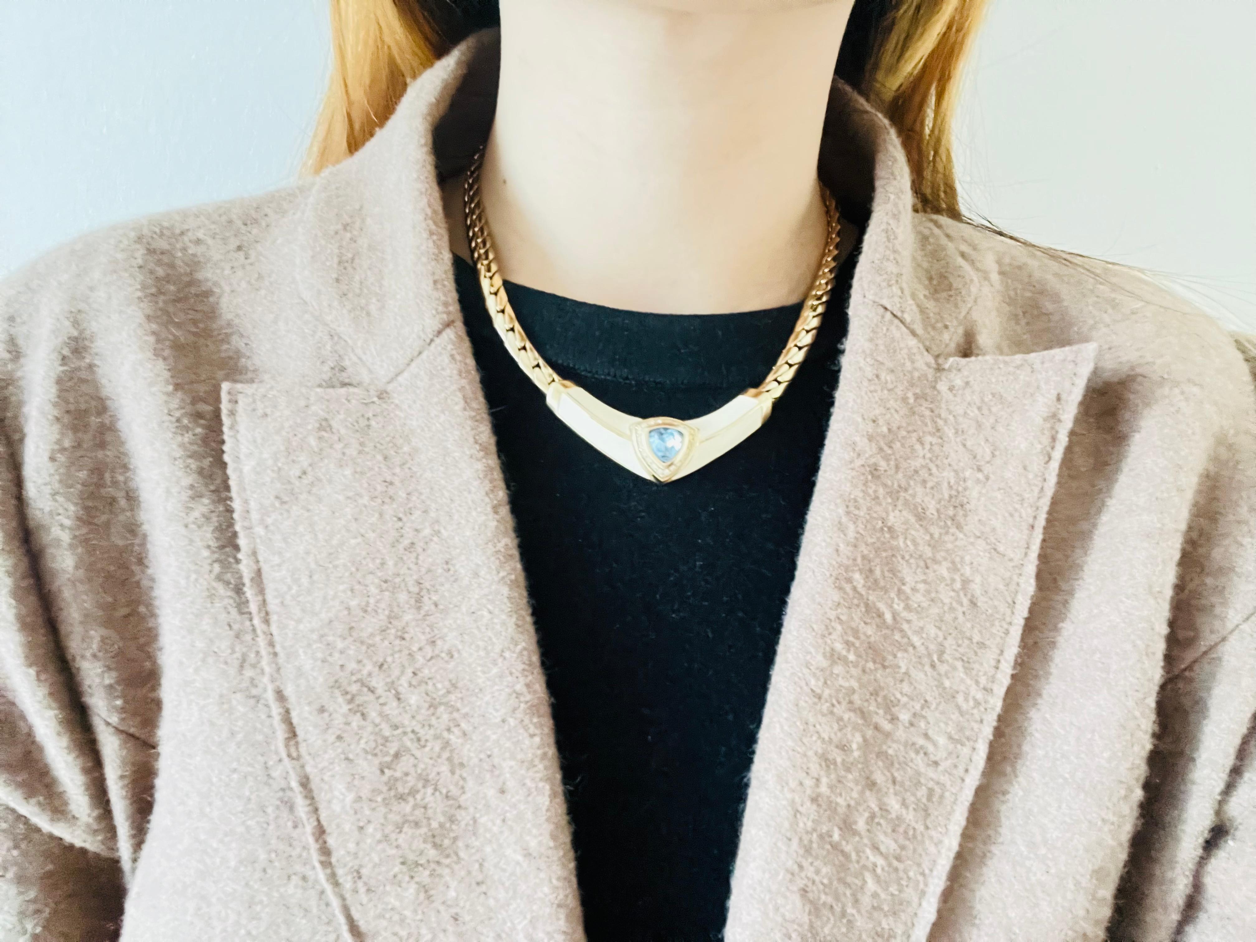Christian Dior Vintage 1980s Aqua Blue Triangle Crystals Chunky White Necklace In Excellent Condition For Sale In Wokingham, England