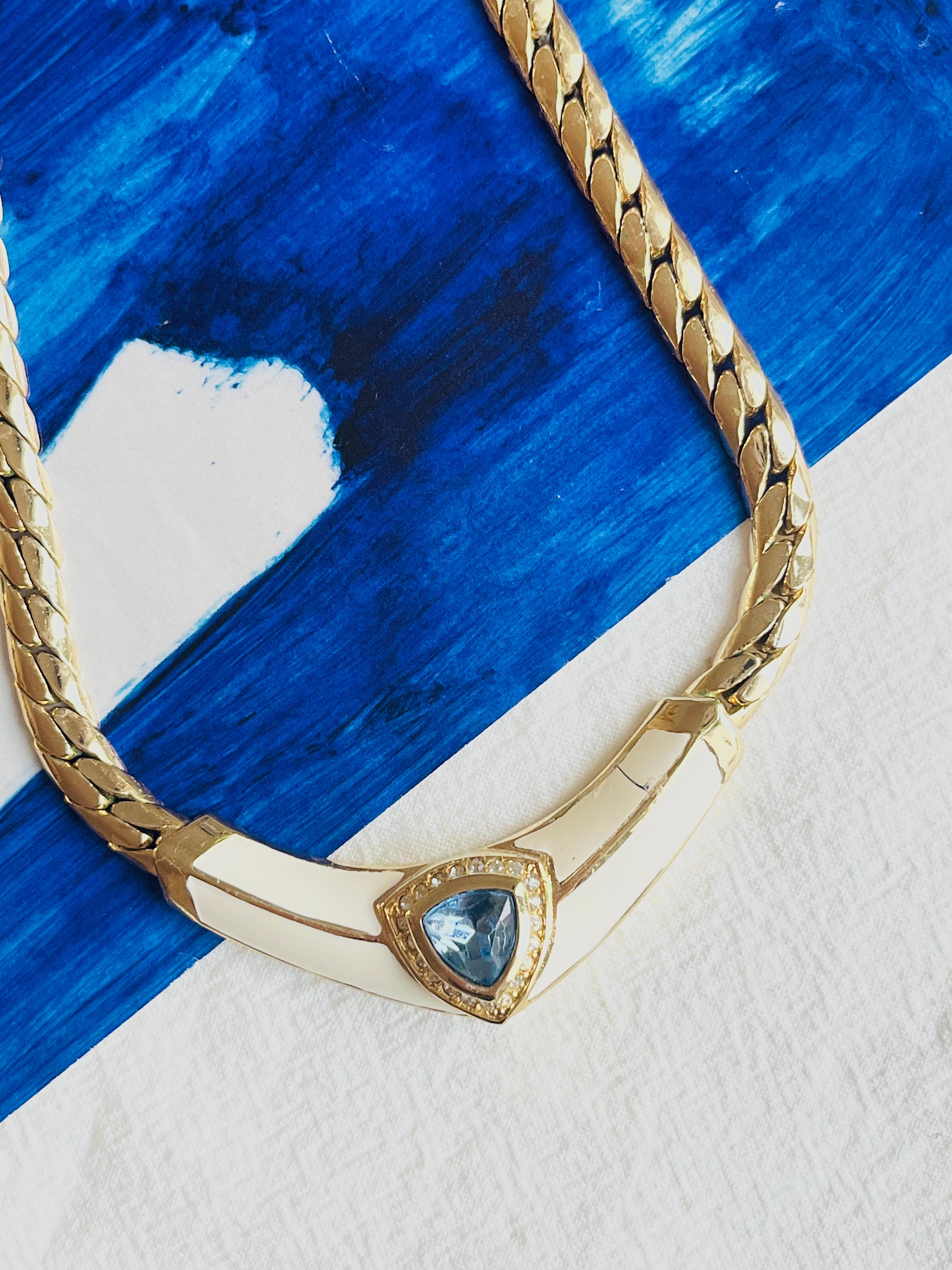 Edwardian Christian Dior Vintage 1980s Aqua Blue Triangle Crystals Cream Gold Necklace For Sale
