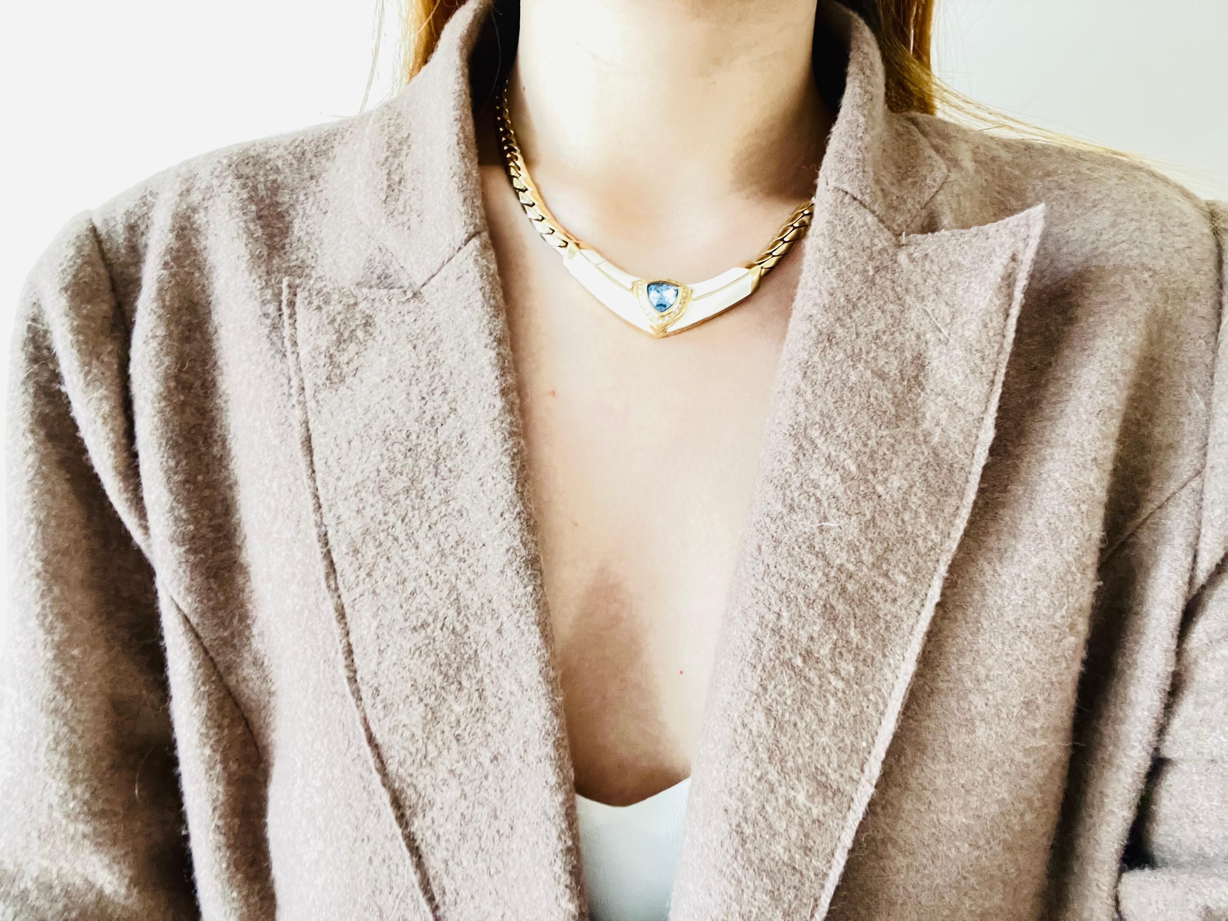 Christian Dior Vintage 1980s Aqua Blue Triangle Crystals Cream Gold Necklace In Good Condition For Sale In Wokingham, England