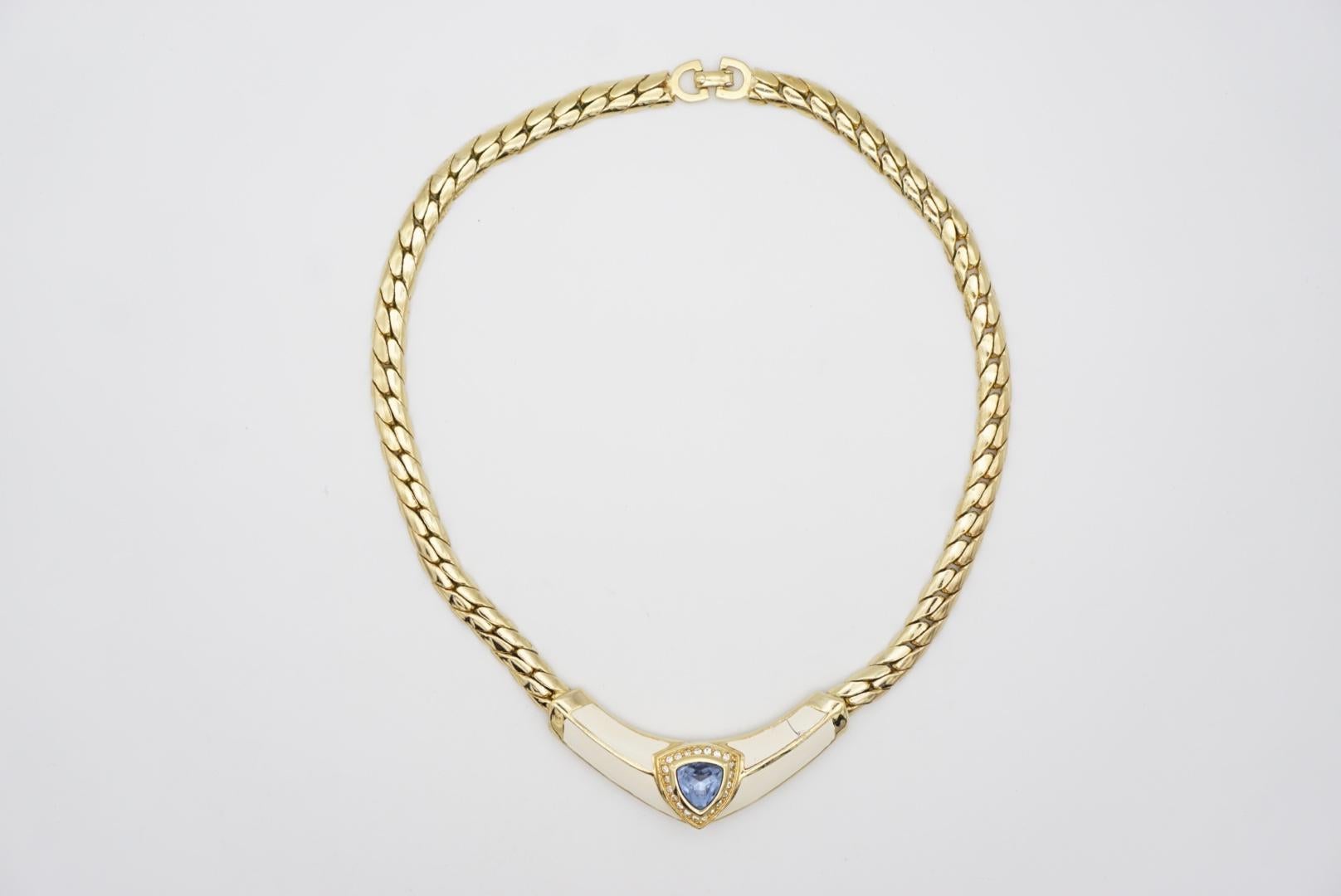 Christian Dior Vintage 1980s Aqua Blue Triangle Crystals Cream Gold Necklace For Sale 1