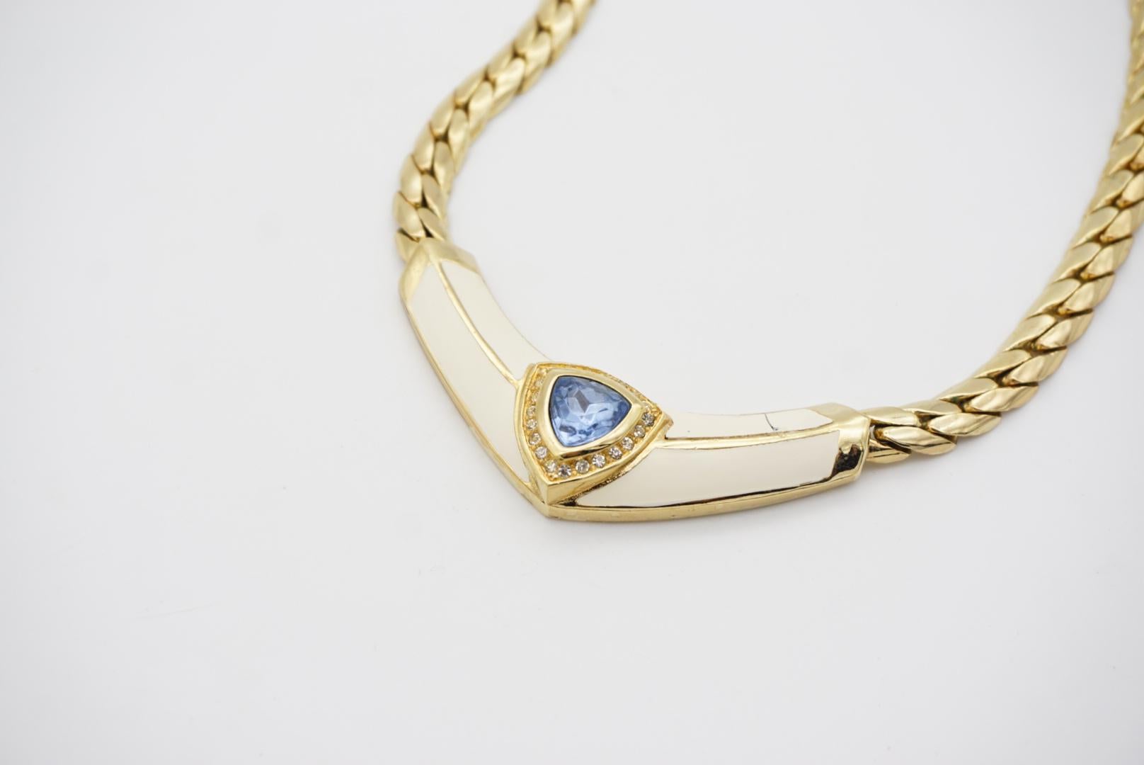 Christian Dior Vintage 1980s Aqua Blue Triangle Crystals Cream Gold Necklace For Sale 2