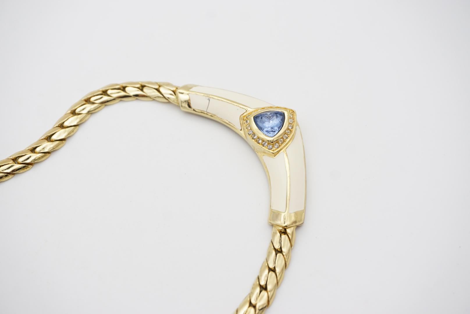 Christian Dior Vintage 1980s Aqua Blue Triangle Crystals Cream Gold Necklace For Sale 3