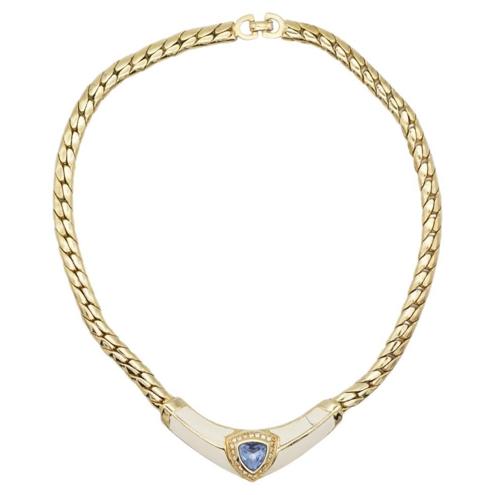 Christian Dior Vintage 1980s Aqua Blue Triangle Crystals Cream Gold Necklace For Sale