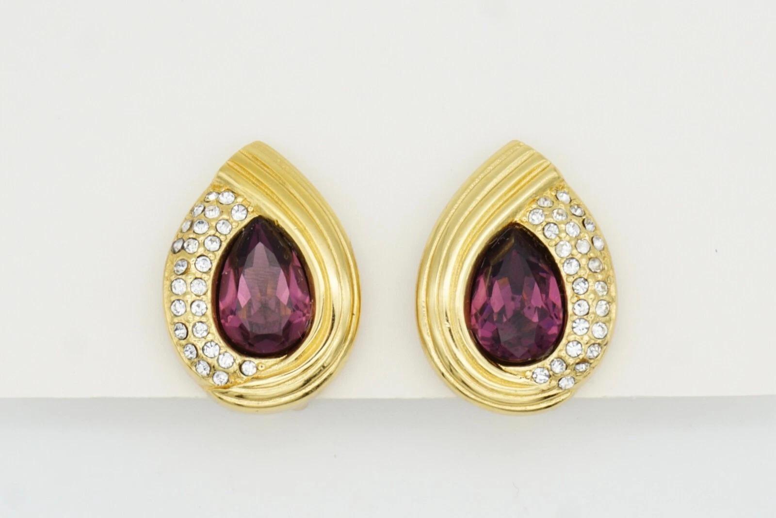Christian Dior Vintage Años 80 Pendientes de gota de agua asimétricos con cristales de amatista en venta 8