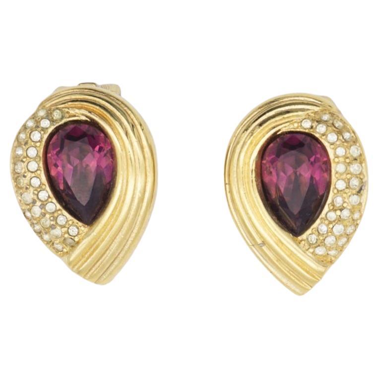Christian Dior Vintage 1980s Asymmetric Amethyst Crystals Water Drop Earrings